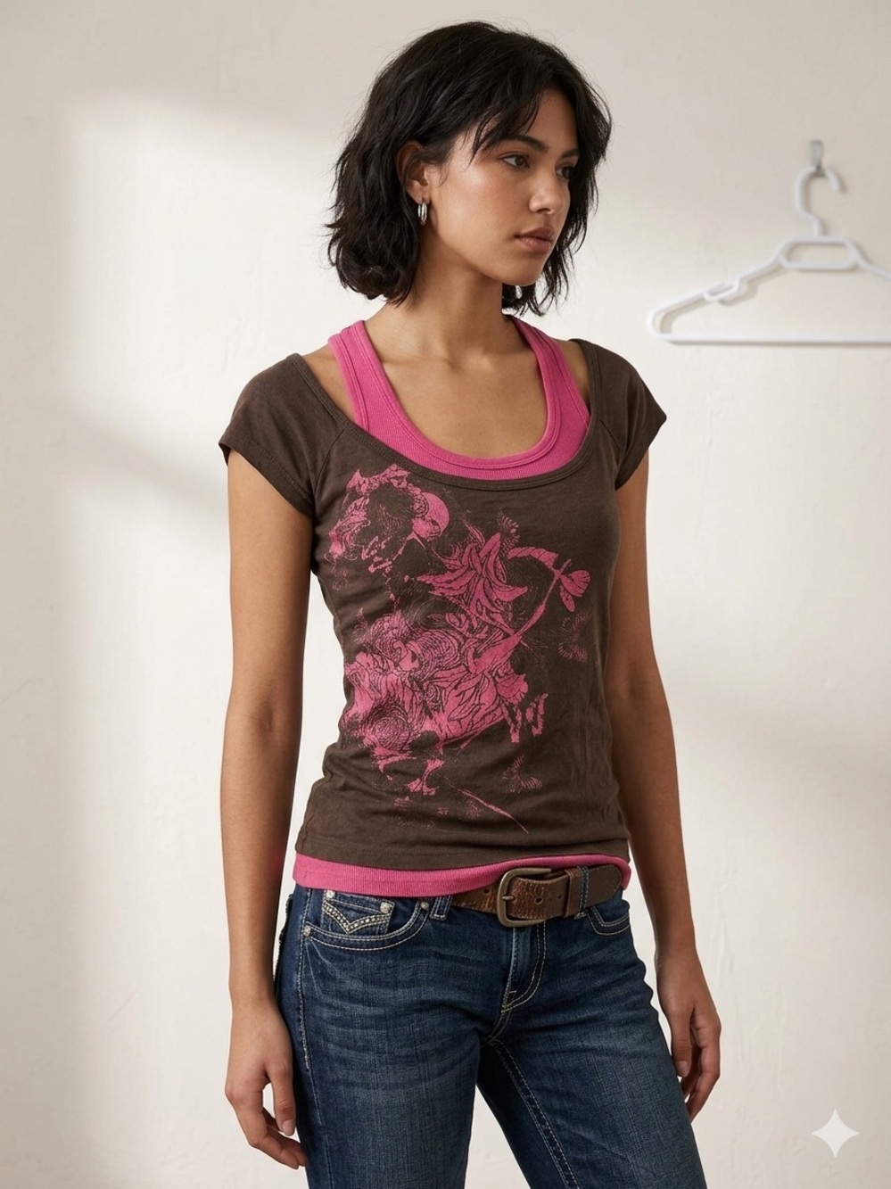 Silver Jeans Brown Tank with Pink Graphic and Layered Pink Trim